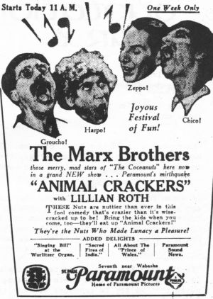 A movie house's advertisement for Animal Crackers.